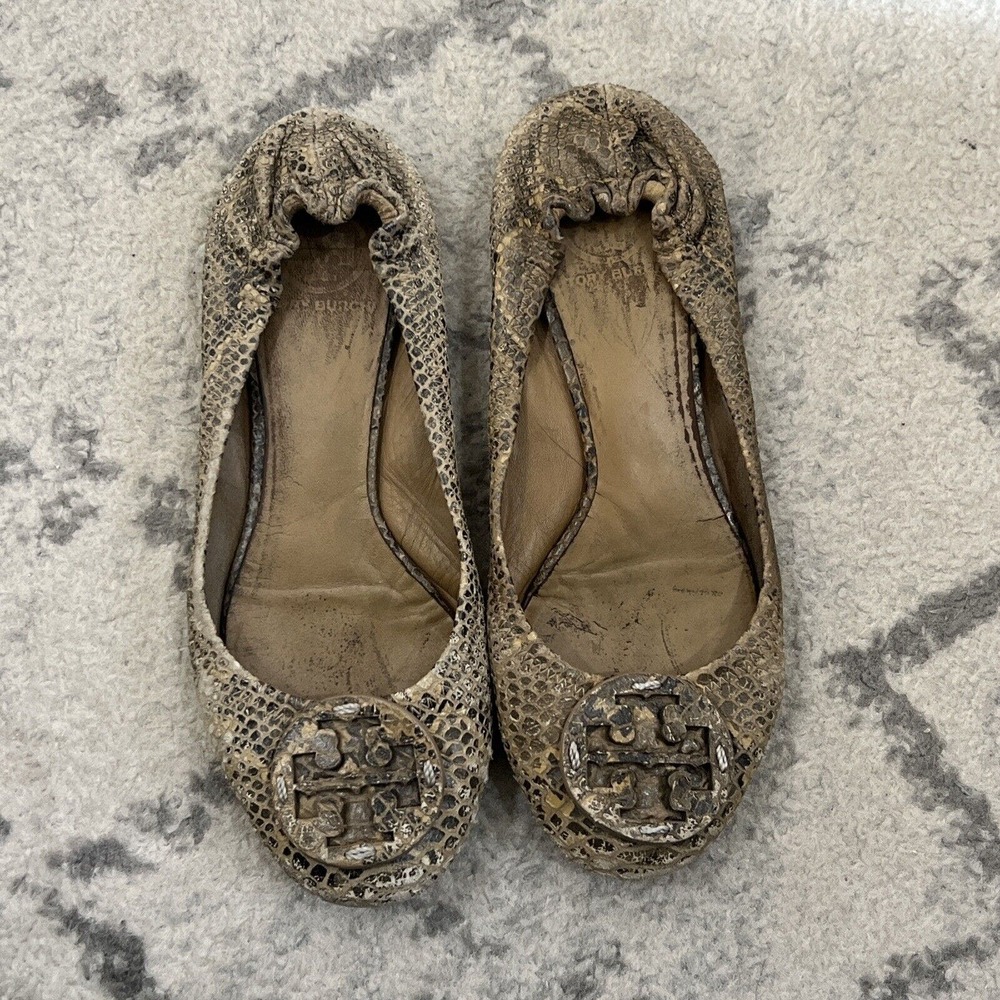 Tory Burch‎ Women's Reva Ballet Flats Size 8.5 Leather Snake Skin Logo Medallion